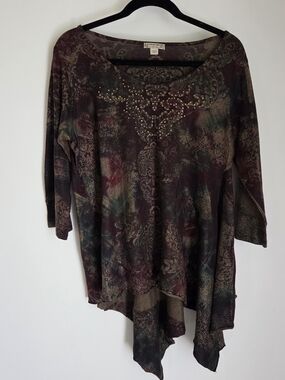 Energe World Wear Vintage Whimsigoth Floral Damask Studded Asymmetric Tunic Top